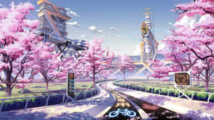 未來城市小徑，兩旁櫻花和浮動建築，藍天之下。 — 海灘 壁紙