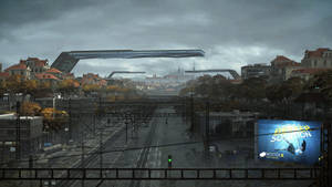 未來浮動橋樑懸浮在陰沉城市的火車調車場上方。 — 《Deus Ex：人類分裂》 壁紙