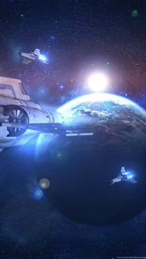 未來太空船在星光熠熠的宇宙場景中靠近一個發光藍色行星飛行。 — 電視節目 壁紙