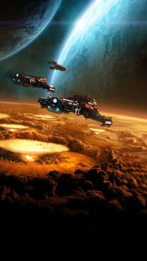 未來太空船飛越行星發光的雲層，背景為地球。 — 星海爭霸 壁紙