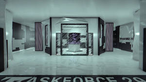 未來感遊戲室，帶有發光燈光和 taskforce 29 標誌。