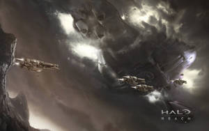 戰艦在暴風雨的天空下，靠近巨大外星結構發射武器。 — 最後一戰： Reach 壁紙