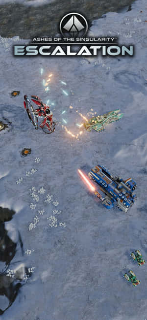 科幻戰艦在雪地外星戰場上發射武器。 — iPhone 15 Plus 壁紙