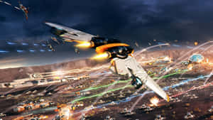 未來戰鬥機在夜晚於毀壞的外星城市景觀上空戰鬥。 — 1600x900 壁紙