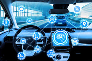 智慧汽車儀表板，在高速公路視圖上顯示 AI 和連接圖標。 — 高清汽車 壁紙