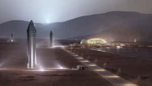 朦朧天空下，有火箭和發光圓頂的火星殖民地。 — 太空船 壁紙