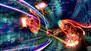 未來賽車飛船帶著發光軌跡在霓虹燈數位峽谷中競速。 — 宇宙 壁紙