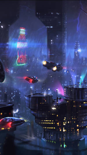 未來飛行汽車在夜晚滑過雨夜霓虹燈照亮的賽博朋克城市。 — 太空船 壁紙