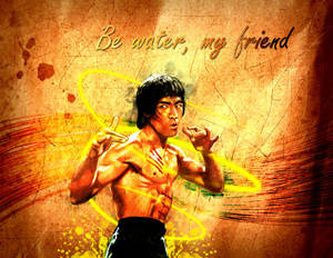 李小龍戰鬥姿勢，帶有發光線條和引言 Be water my friend，紋理背景 — 李小龍 壁紙