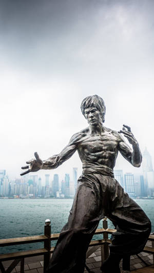 李小龍武術姿勢的青銅雕像，位於碼頭，背景為城市天際線。 — 李小龍 壁紙