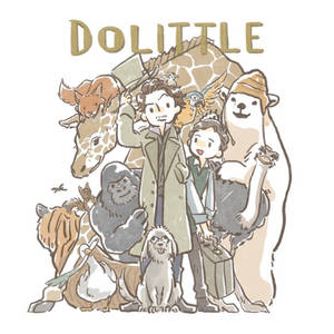 杜立德醫生在歡快的插圖中被他的動物夥伴包圍。 — 狗狗藝術 壁紙