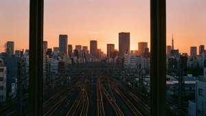 透過窗戶看到的東京天際線日落景色，前景有火車軌道 — 秒速5公分 壁紙