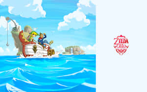 林克和薩爾達乘船穿越藍色海洋，遠處有島嶼。 — 薩爾達傳說 壁紙