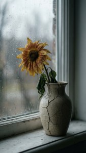 枯萎向日葵在有裂紋的花瓶中，雨窗台 — iPhone 8 Plus 壁紙