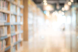 模糊的圖書館通道，書架與溫暖燈光營造出寧靜的學術氛圍。 — 背景 壁紙