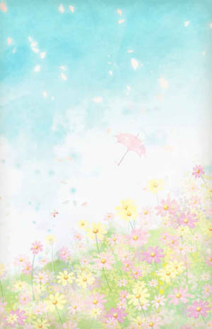 粉彩水彩雛菊花田，漂浮粉紅雨傘與蝴蝶。 — 花朵 壁紙