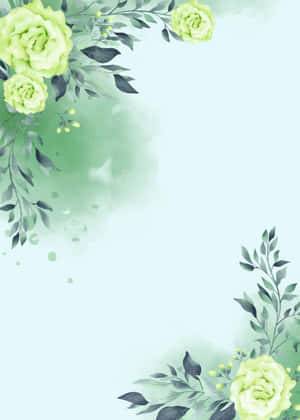 水彩花卉邊框，淺綠色玫瑰和深色葉子，薄荷色背景。 — 綠色花卉 壁紙