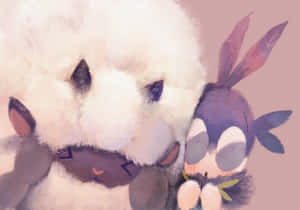 兩隻絨毛動物角色在柔和粉紅水彩場景中溫暖擁抱。 — 卡通 壁紙