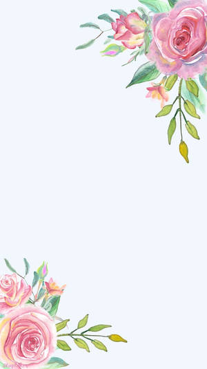 水彩花卉角落設計，淺色背景上帶有粉紅玫瑰和綠葉 — 花 iPhone 壁紙
