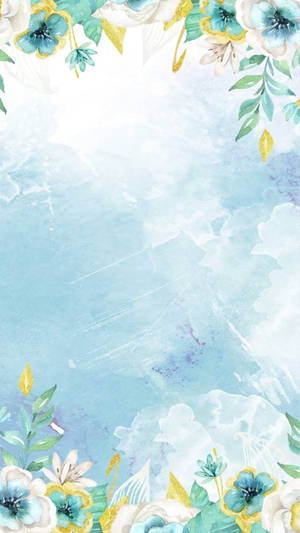 水彩花卉邊框，藍色、白色和黃色的花朵在柔和天空背景上。 — 花朵 壁紙