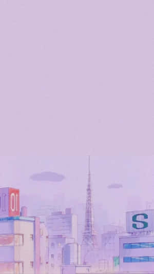動畫風格城市，紫色天空和高塔。 — 紫色動漫美學 壁紙