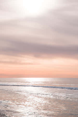 粉紅色和蜜桃色日落於平靜的海浪上，在濕沙灘上。 — 海景 壁紙