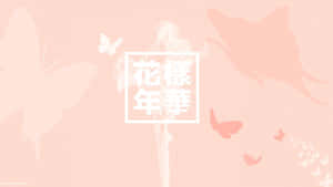 帶有蝴蝶剪影和白色正方形中日文字的粉紅色壁紙。 — 粉紅色美學桌面 壁紙