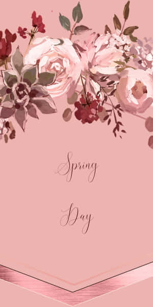 春季花卉桌布，配有粉紅玫瑰和多肉植物，以及手寫文字 Spring Day。 — 18:9 壁紙