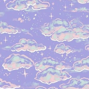 夢幻的天空，帶有柔和色調的雲朵和星星，形成重複圖案。 — 美學雲朵 壁紙