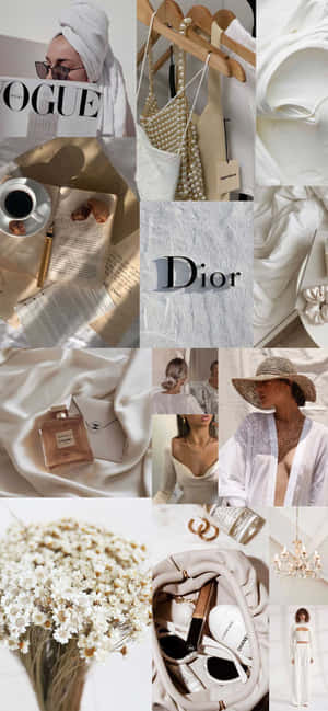 奢華時尚與生活風格拼貼， featuring Dior 和 Chanel 產品，以柔和米色和白色調呈現。 — 1170x2532 壁紙