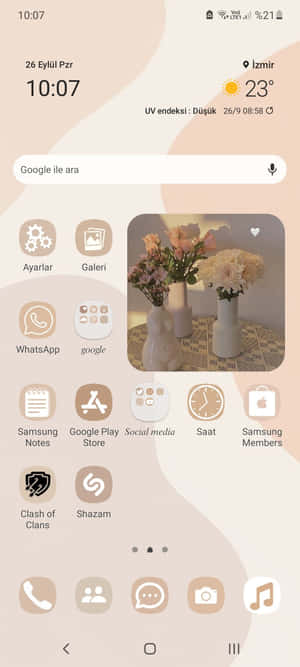 在柔和光線的房間中，圖案桌上白色花瓶中的花卉佈置。 — Pixel 9 壁紙