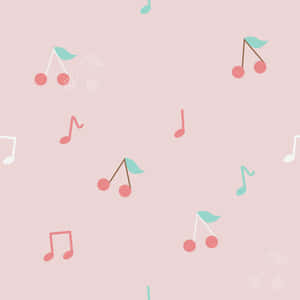粉彩粉紅背景上的櫻桃和音符圖案。 — 美學音樂 壁紙