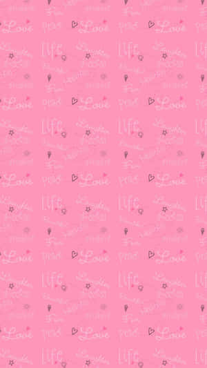 粉紅色背景，重複 love life 和 laughter 等草書字詞，並帶有細小的心形和星星。 — Bugatti iPhone 壁紙