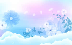 粉藍與粉紅色的天空，漂浮的花朵和雲朵。 — 碧蓝之海 壁紙