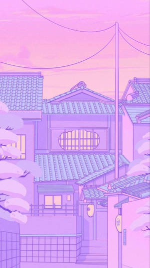 黃昏時分，紫色調的動漫街道，有傳統日式房屋和櫻花。 — 淺紫色系美學 壁紙