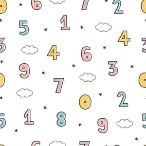 白色背景上色彩繽紛的數字和雲朵，帶有細小星星。 — 可愛 壁紙