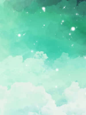 薄荷綠水彩天空，帶有雲朵和閃爍星星 — 藍色美學電腦 壁紙