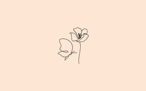 蜜桃色背景上的精緻線條花朵和蝴蝶圖案。 — 美學米色 壁紙
