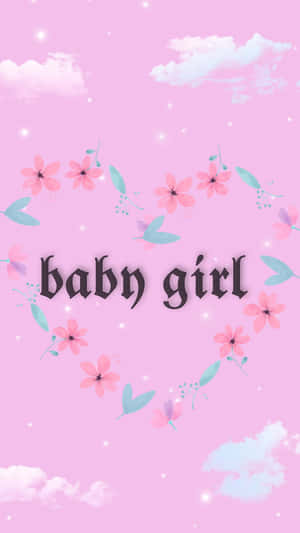 粉紅色背景，帶有花卉心形和 baby girl 文字。 — 可愛粉色女孩 壁紙