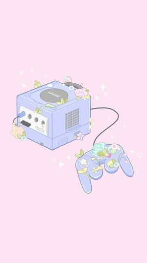 粉紅色背景上，裝飾著花朵和閃光的GameCube主機和控制器。 — 酷炫遊戲 壁紙