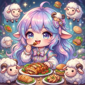 動漫女孩與羊和食物漂浮在滿天星斗的魔法天空中。 — Pixel Watch 3 壁紙