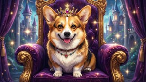 一隻戴著王冠微笑的柯基犬坐在城堡前的皇家紫色寶座上。 — 動漫狗 壁紙