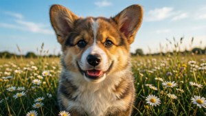 一隻開心的Toca Boca柯基幼犬在陽光明媚的草地上玩耍。 — 托卡生活 壁紙