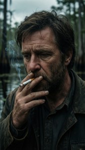 一個留鬍子的男人在沼澤森林中抽煙。 — 電視節目 壁紙