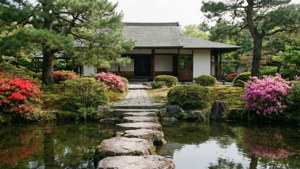 桂離宮庭園，杜鵑花與池塘相伴