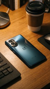 藍色OnePlus手機放在木桌上，配有咖啡杯和鍵盤。 — iPhone 7 壁紙