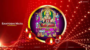 桑托希瑪塔神與信徒和蠟燭，紅色閃爍背景。 — Maa Durga 壁紙