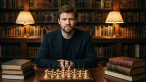 一個留鬍鬚的男人在圖書館專注地下棋。 — 馬格努斯·卡爾森 壁紙