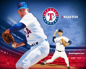 Nolan Ryan 在球場為德州遊騎兵隊投球，帶有球隊標誌和34號。 — 紐約遊騎兵 壁紙