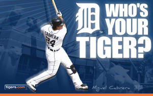 棒球運動員 Miguel Cabrera 身穿老虎隊球衣揮棒。 — 底特律老虎 壁紙